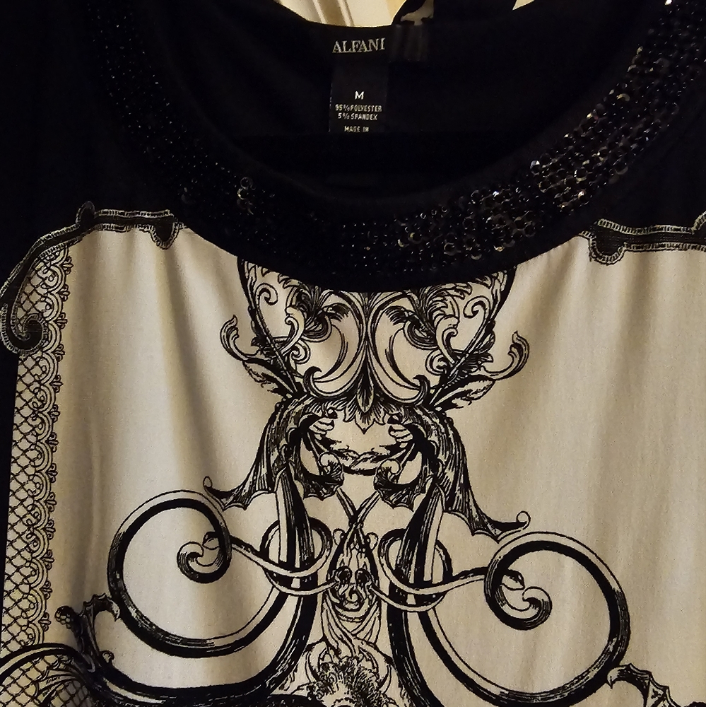 Alfani top/ mini dress black and white with beading around neck medium